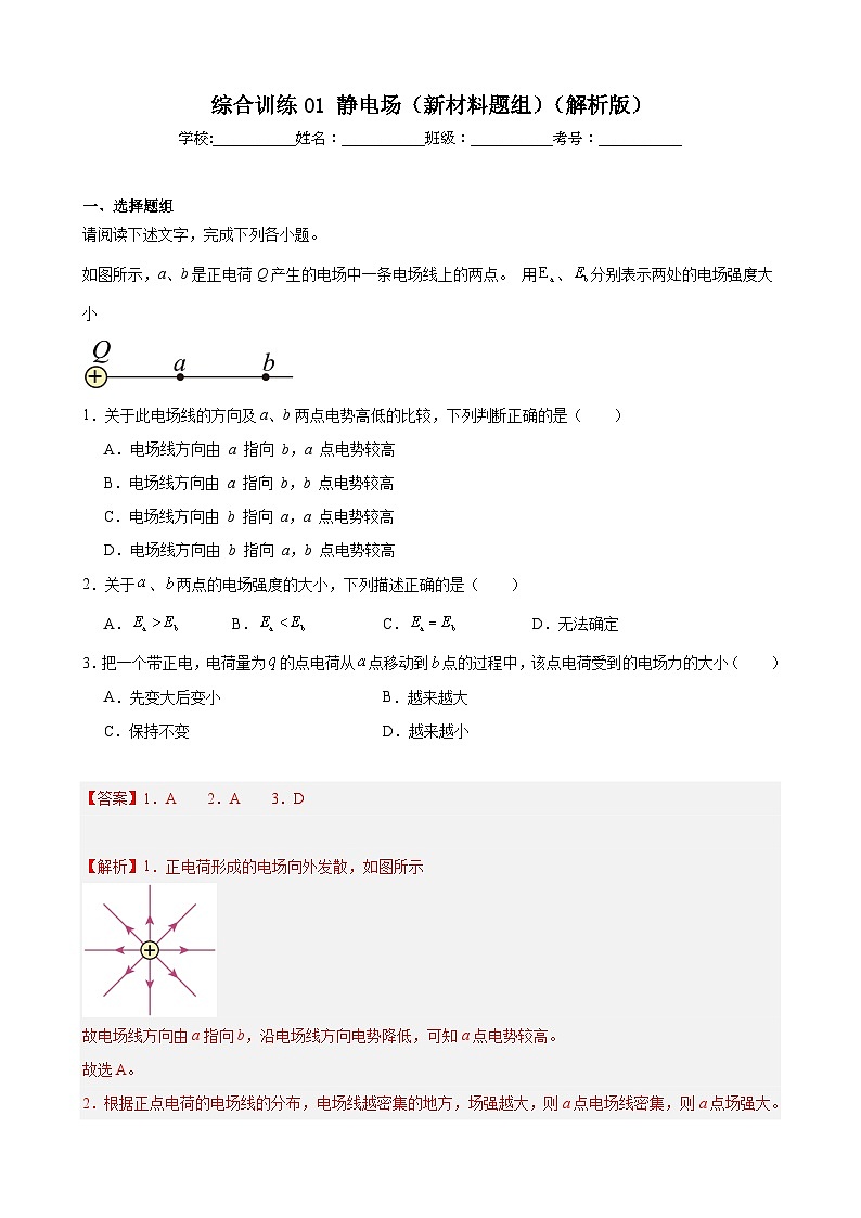 综合训练01 静电场（新材料题组）（解析版）-2025高考物理一轮新题型综合特训（上海专用）01