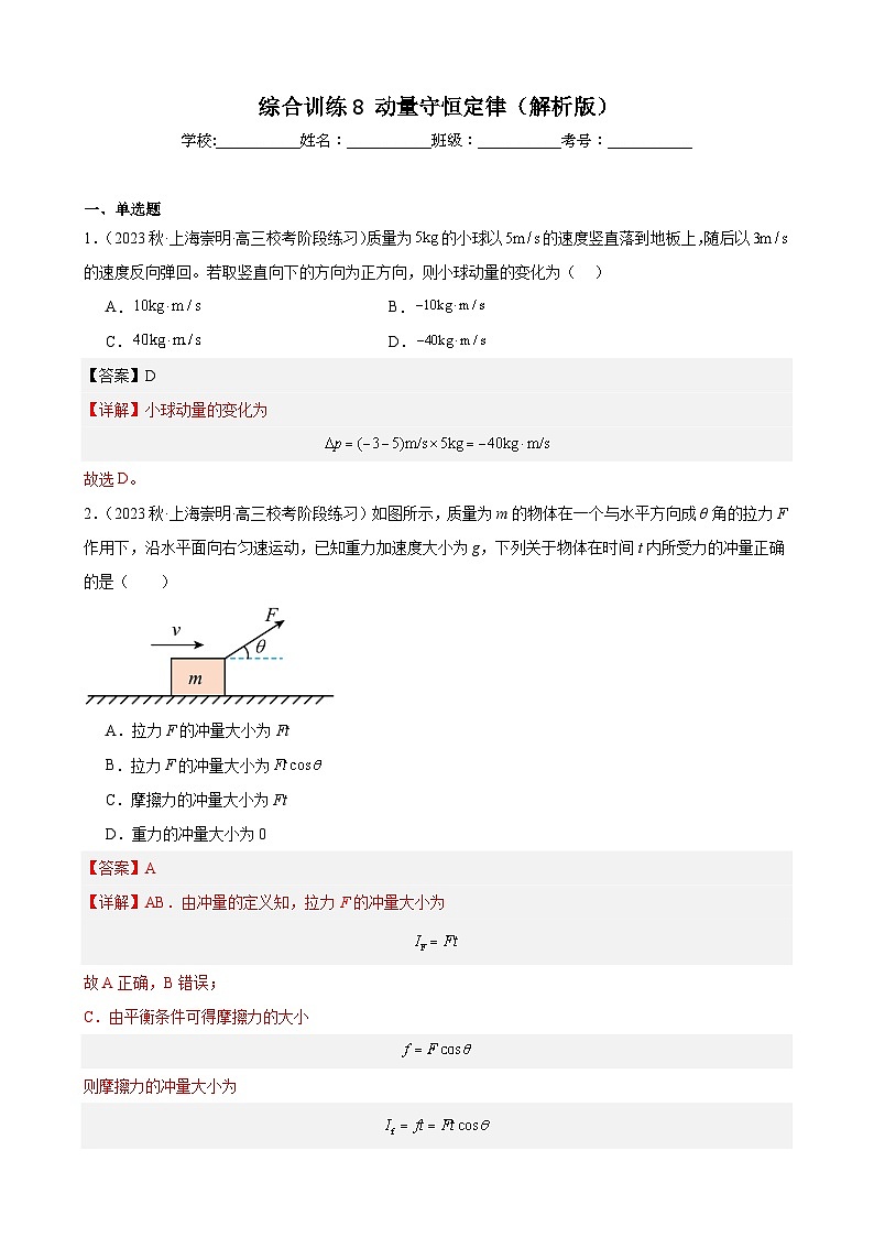综合训练8 动量守恒定律（解析版）-2025高考物理一轮新题型综合特训（上海专用）第1页