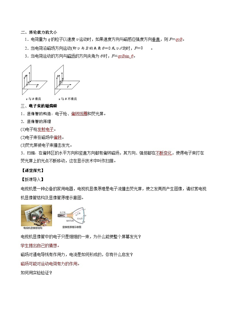 人教版（2019）高中物理选择性必修第二册 1.2《磁场对运动电荷的作用力》导学案（学生版+教师版）02