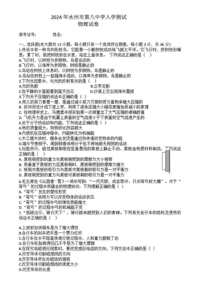 湖南省永州市第八中学2024-2025学年高一上学期入学测试物理试题第1页