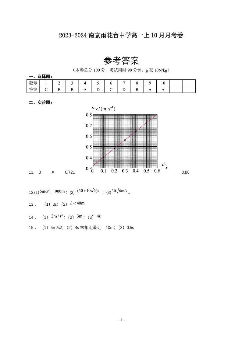 江苏省南京市雨花台中学2023-2024学年高一上学期10月月考物理试题01