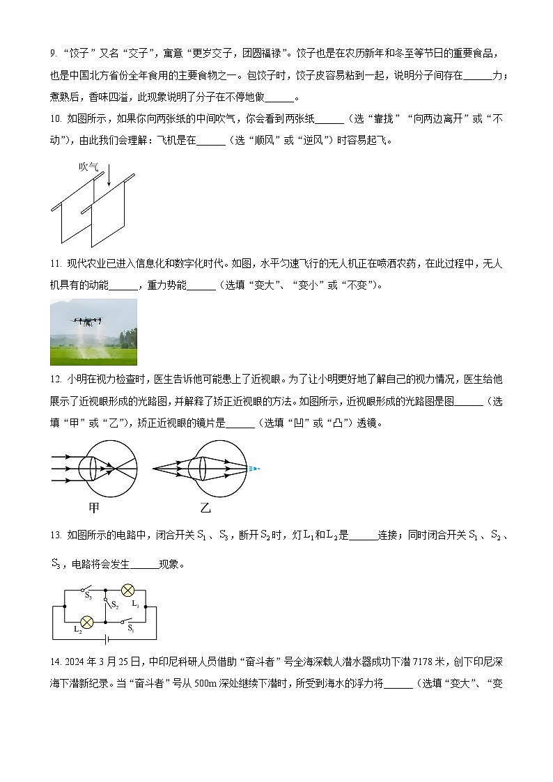 甘肃省定西市漳县第一中学2024-2025学年高一上学期入学质量检测物理、化学综合试卷-高中物理（原卷版+解析版）03