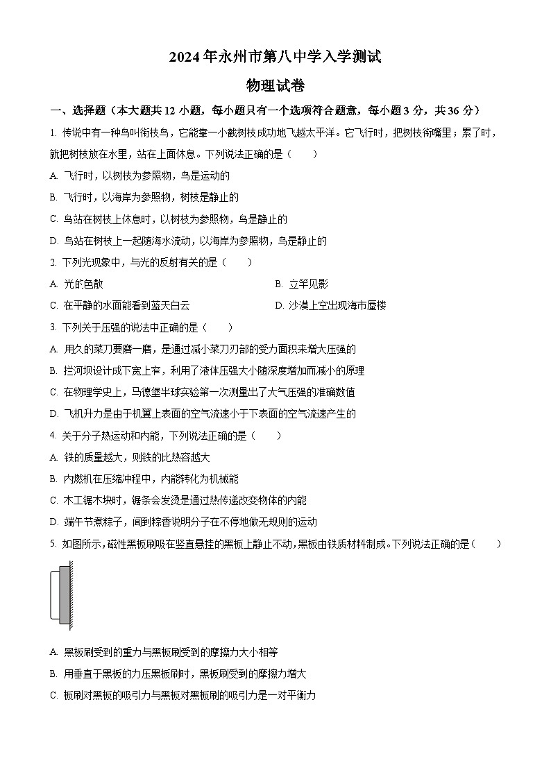 湖南省永州市第八中学2024-2025学年高一上学期入学测试物理试题（原卷版）01
