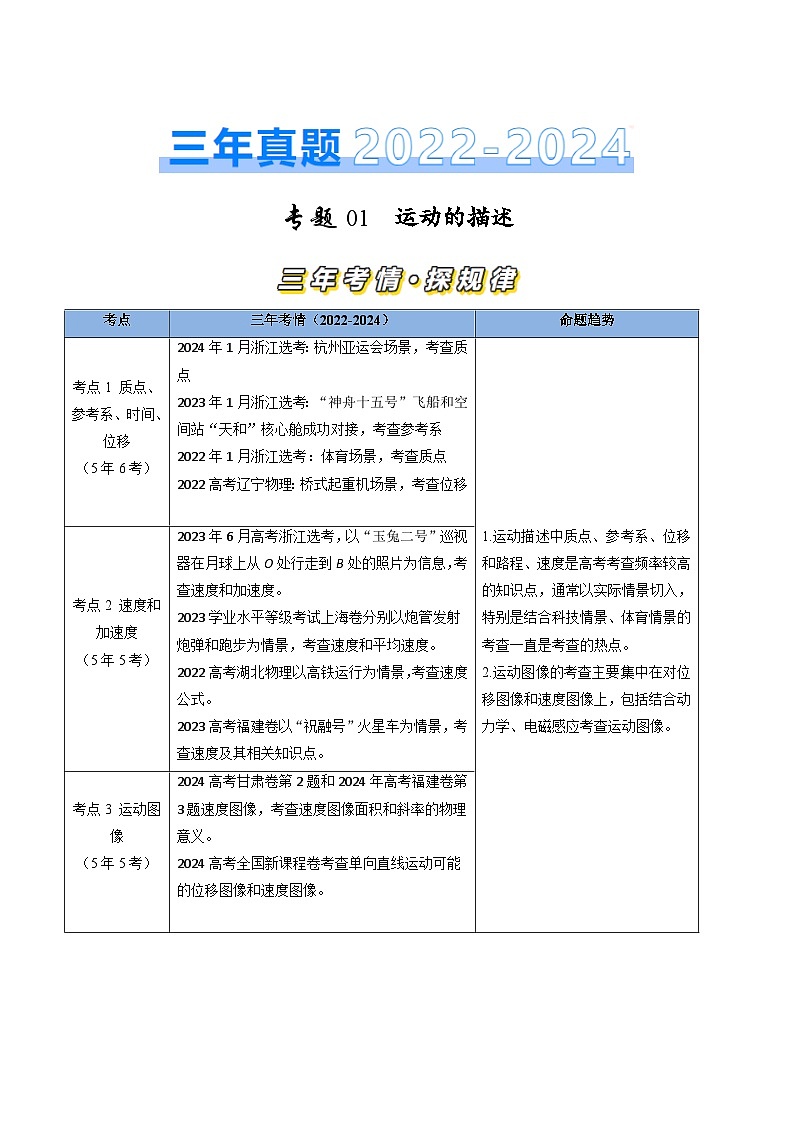 三年（2022-2024）高考物理真题分类汇编（全国通用）专题01 运动的描述（原卷版）01