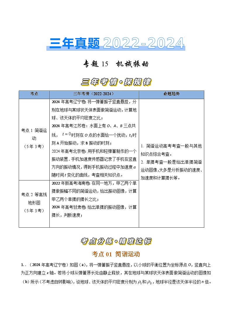 三年（2022-2024）高考物理真题分类汇编（全国通用）专题15机械振动（原卷版）01