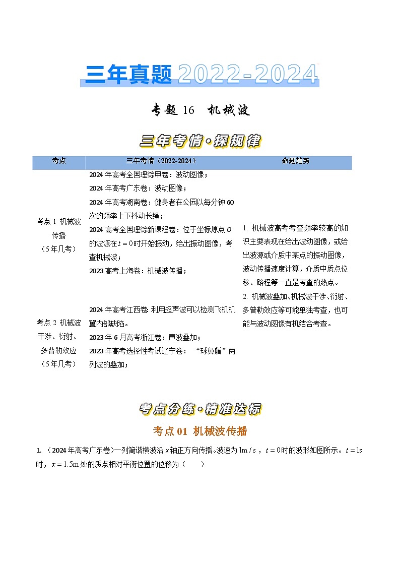 三年（2022-2024）高考物理真题分类汇编（全国通用）专题16机械波（原卷版）01