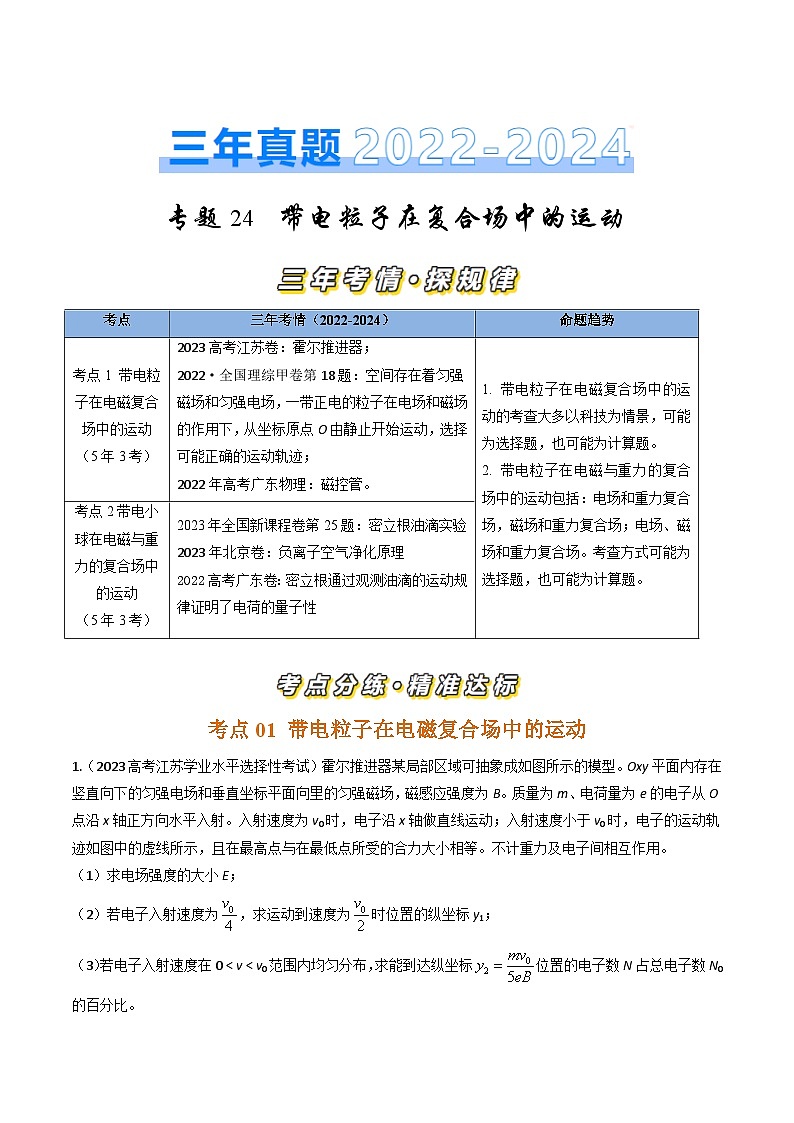 三年（2022-2024）高考物理真题分类汇编（全国通用）专题24带电粒子在复合场中的运动（原卷版）01