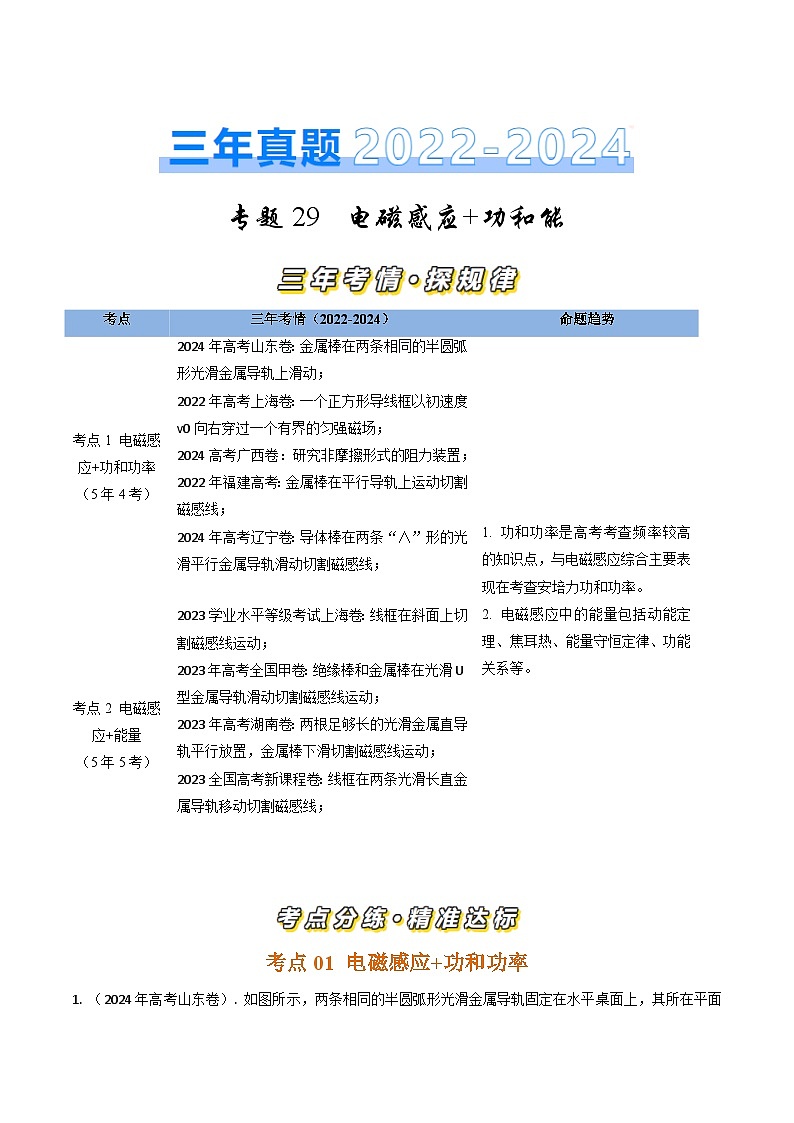 三年（2022-2024）高考物理真题分类汇编（全国通用）专题29电磁感应+功和能（解析版）01