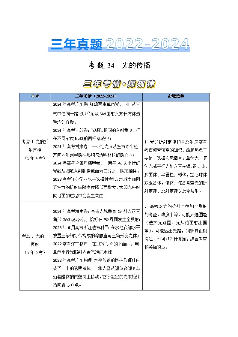 三年（2022-2024）高考物理真题分类汇编（全国通用）专题34光的传播（解析版）01