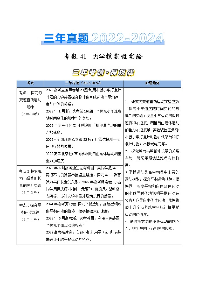三年（2022-2024）高考物理真题分类汇编（全国通用）专题41  力学探究性实验（原卷版）01