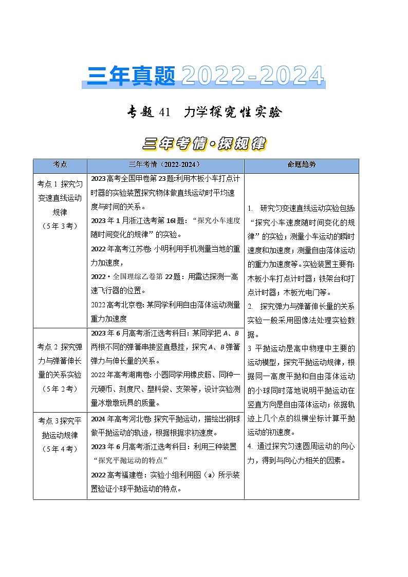 三年（2022-2024）高考物理真题分类汇编（全国通用）专题41  力学探究性实验（解析版）01