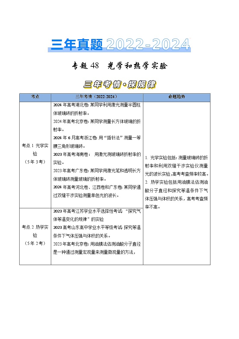 三年（2022-2024）高考物理真题分类汇编（全国通用）专题48光学和热学实验（原卷版）01