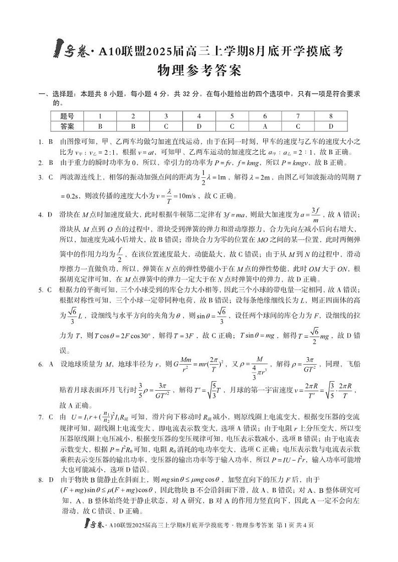 1号卷·A10联盟2025届高三上学期8月底开学摸底考物理答案第1页