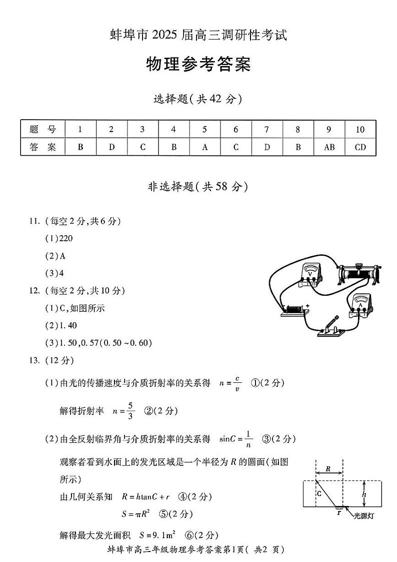 2025届蚌埠市高三上学期第一次调研考试物理试题+答案01