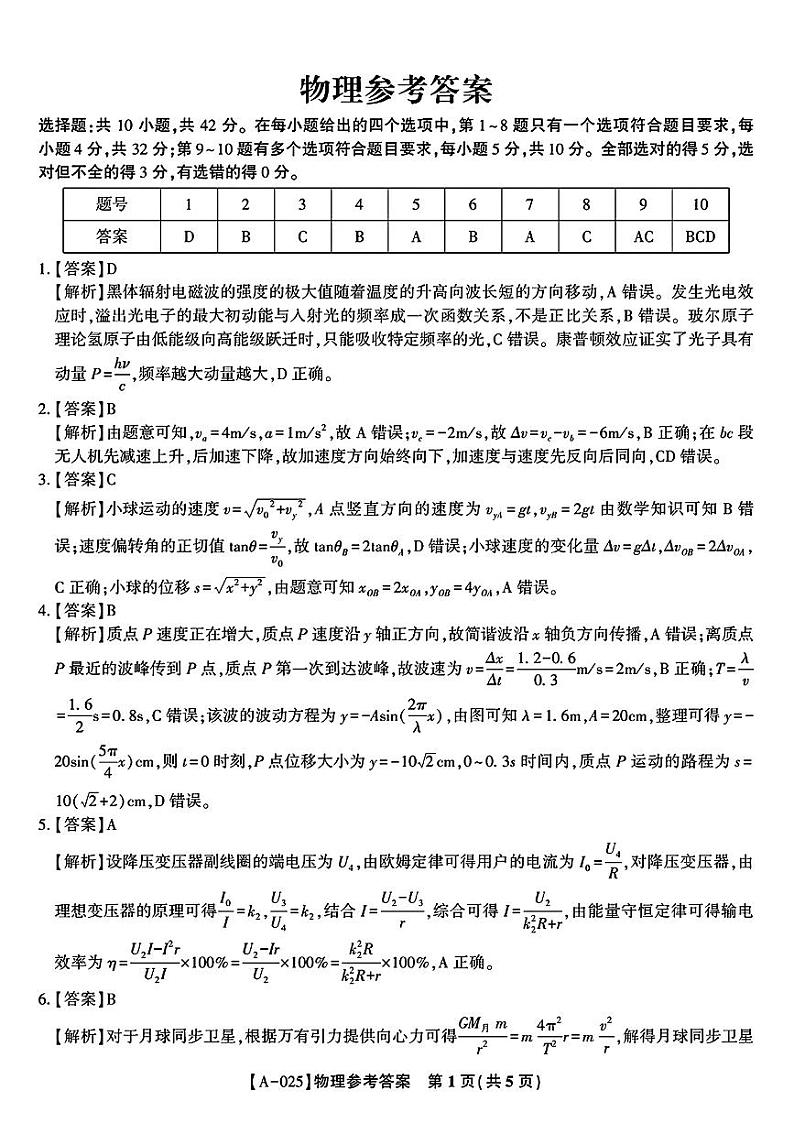 皖江名校联盟物理参考答案第1页