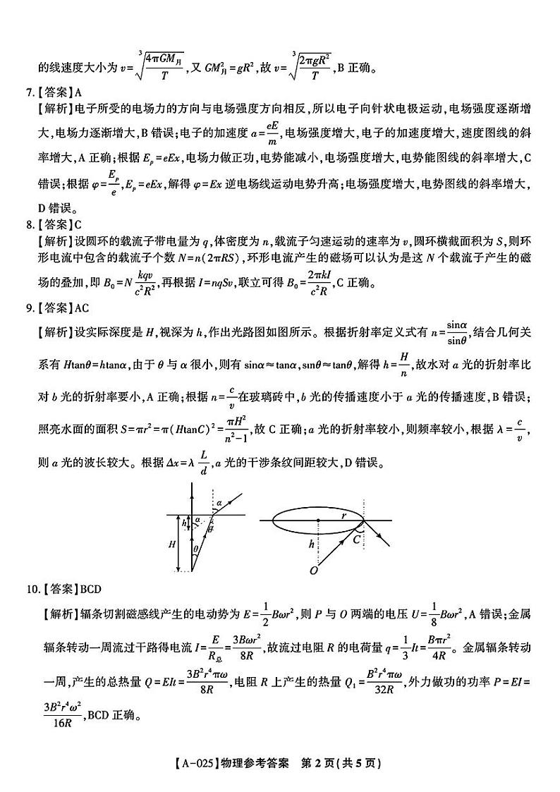 皖江名校联盟物理参考答案第2页