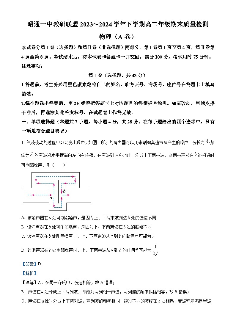 云南省昭通一中教研联盟2023-2024学年高二下学期期末质量检测物理试卷 A卷（解析版）01