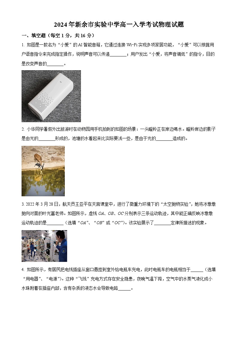 江西省新余市实验中学2024-2025学年高一上学期入学考试物理试题（原卷版）第1页