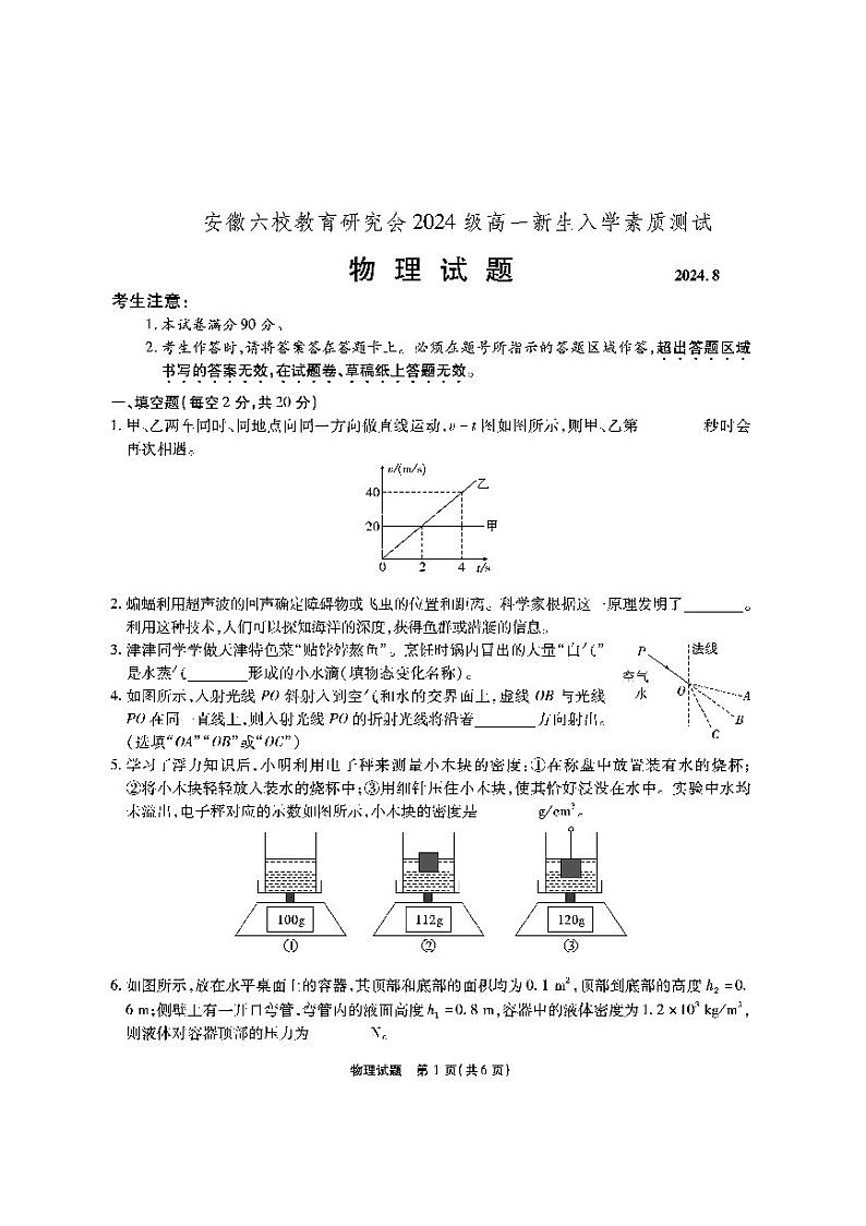 安徽省六校教育研究会2024-2025学年高一上学期8月入学素质测试物理试题01
