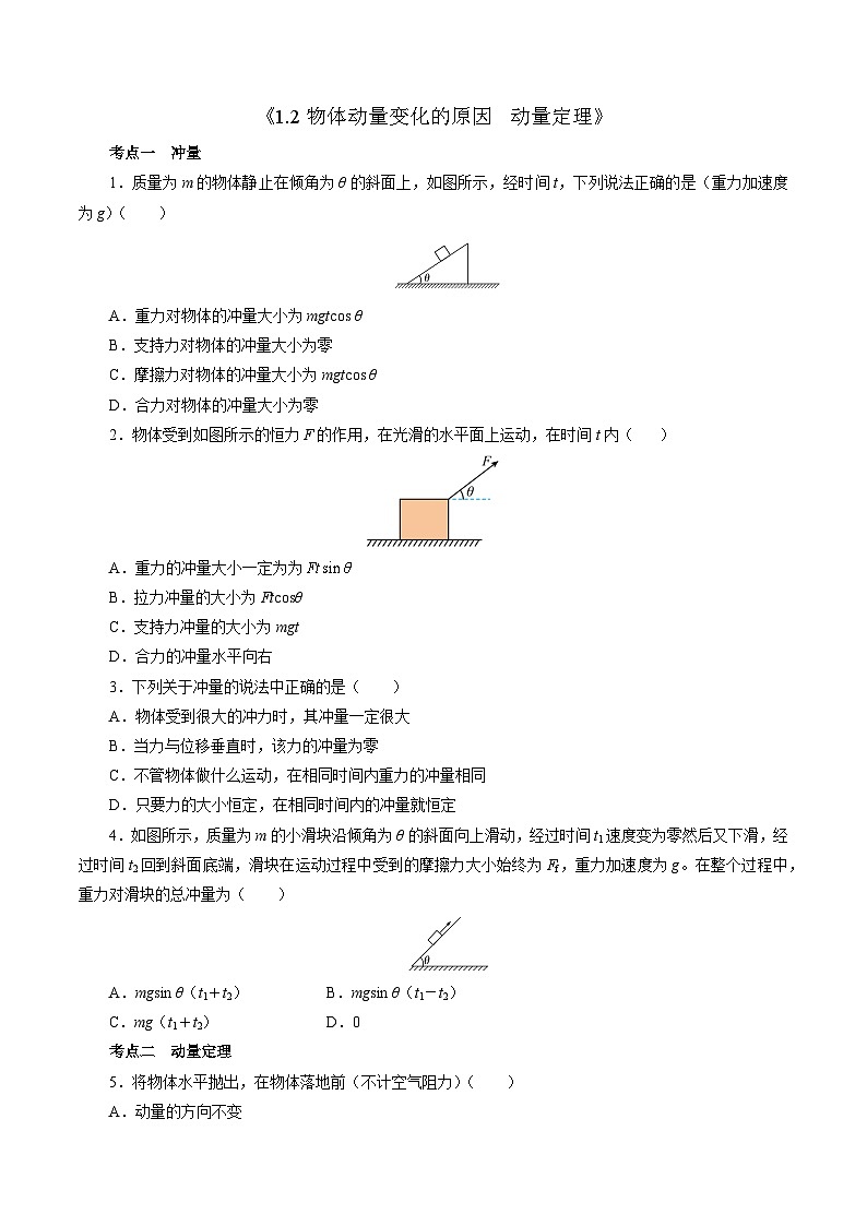 沪科版2020上海高二物理选修一 1.2物体动量变化的原因动量定理（练习）01