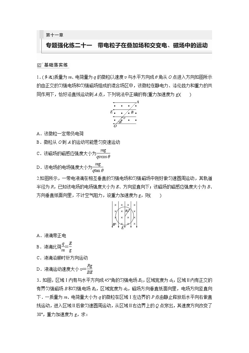 新高考物理一轮复习巩固练习第11章 专题强化练21　带电粒子在叠加场和交变电 磁场中的运动（含详解）第1页