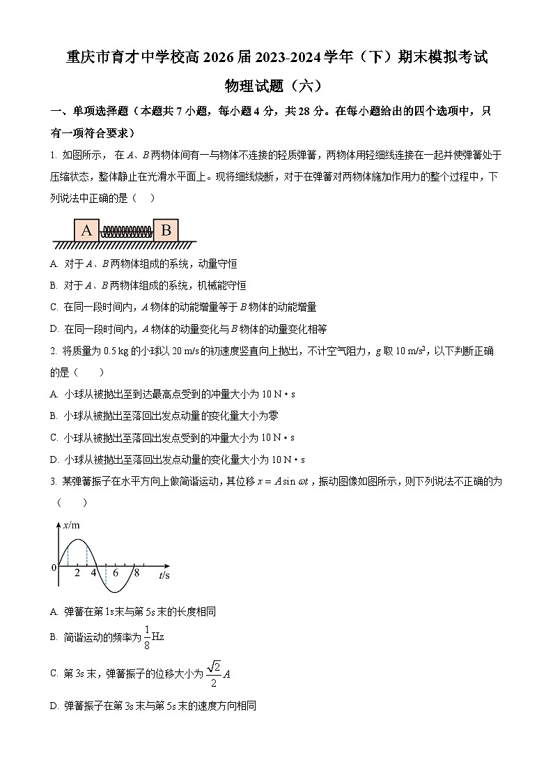 重庆市育才中学2023-2024学年高一下学期期末模拟考试物理（六）试题（Word版附解析）01