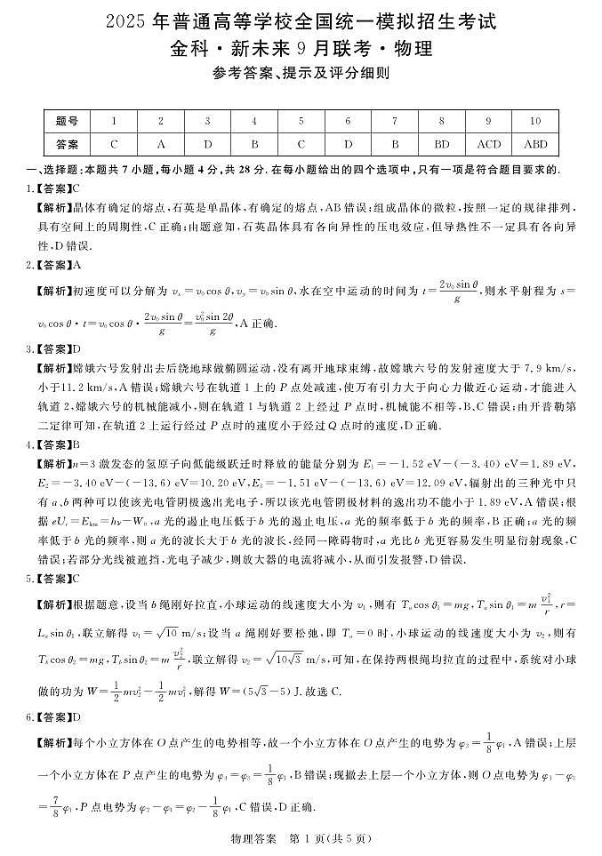 2025届金科新未来高三9月大联考物理答案第1页