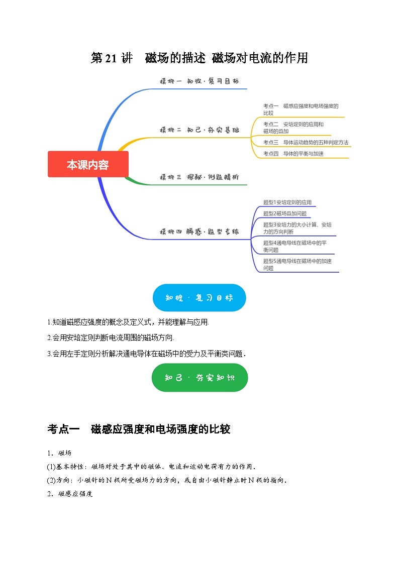 高考物理一轮复习考点精讲精练第21讲　磁场的描述 磁场对电流的作用（2份打包，原卷版+解析版）01