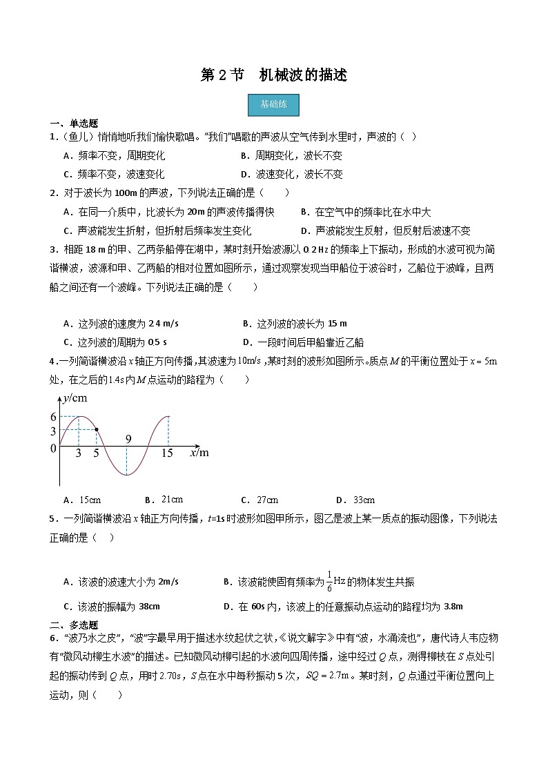 粤教版（2019）高二物理 选择性必修第一册 第2节 机械波的描述（分层练习）01