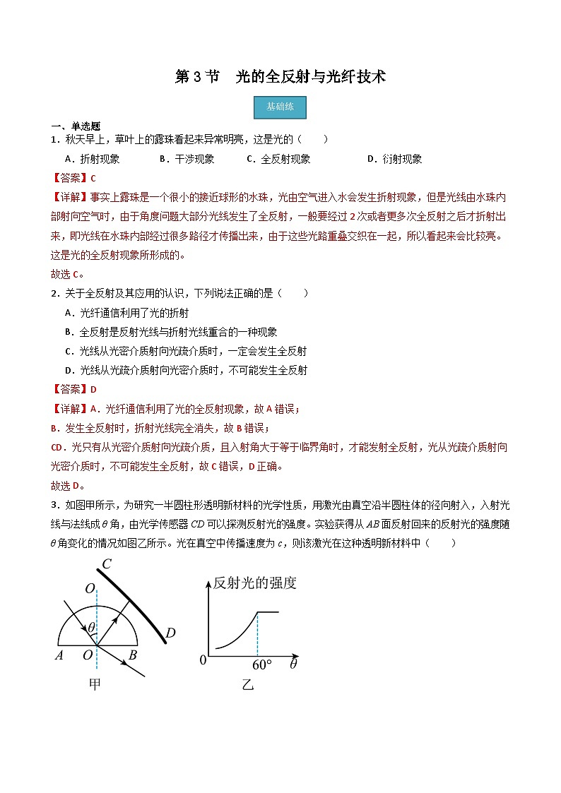 第3节 光的全反射与光纤技术（分层练习）解析版第1页