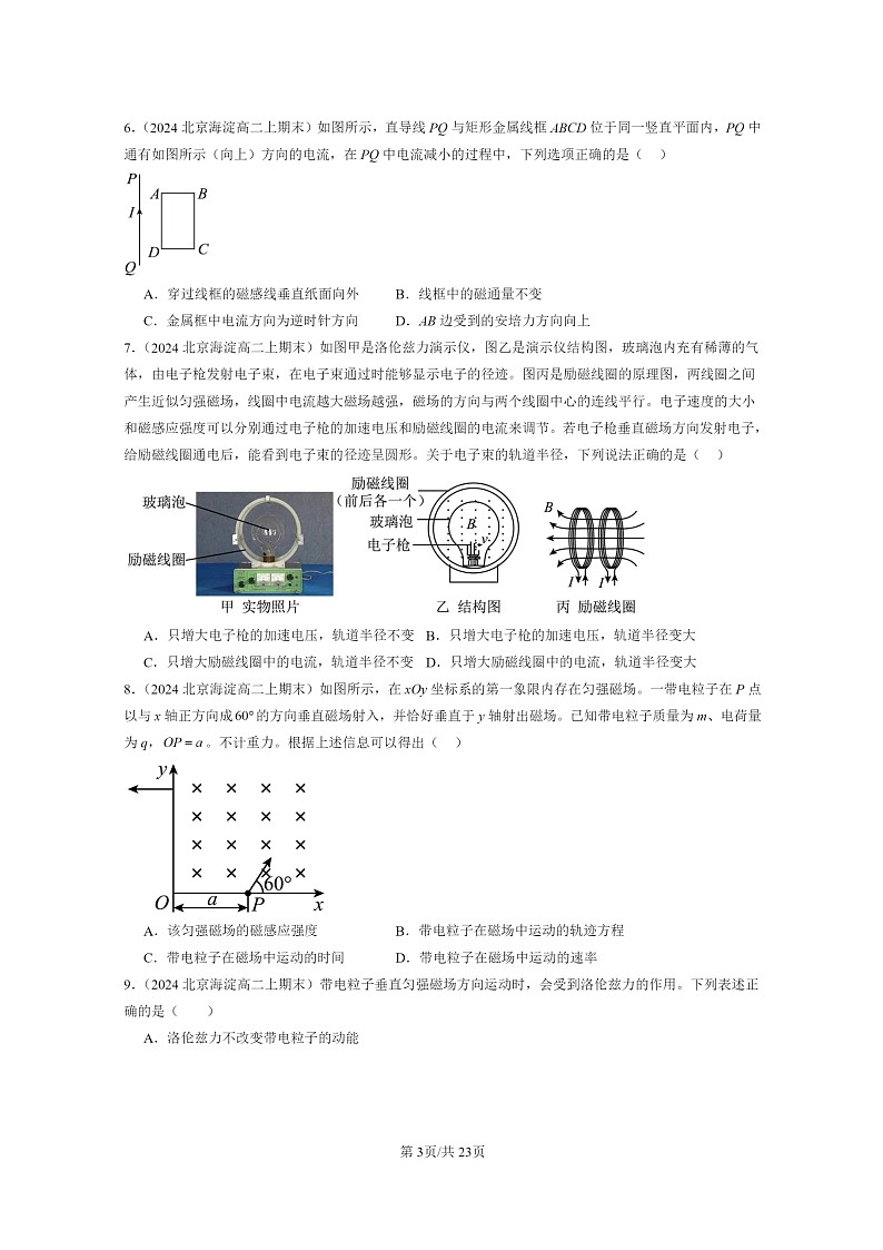 [物理]2024北京重点校高二上学期期末真题真题分类汇编：安培力与洛伦兹力章节综合(选择题)1第3页