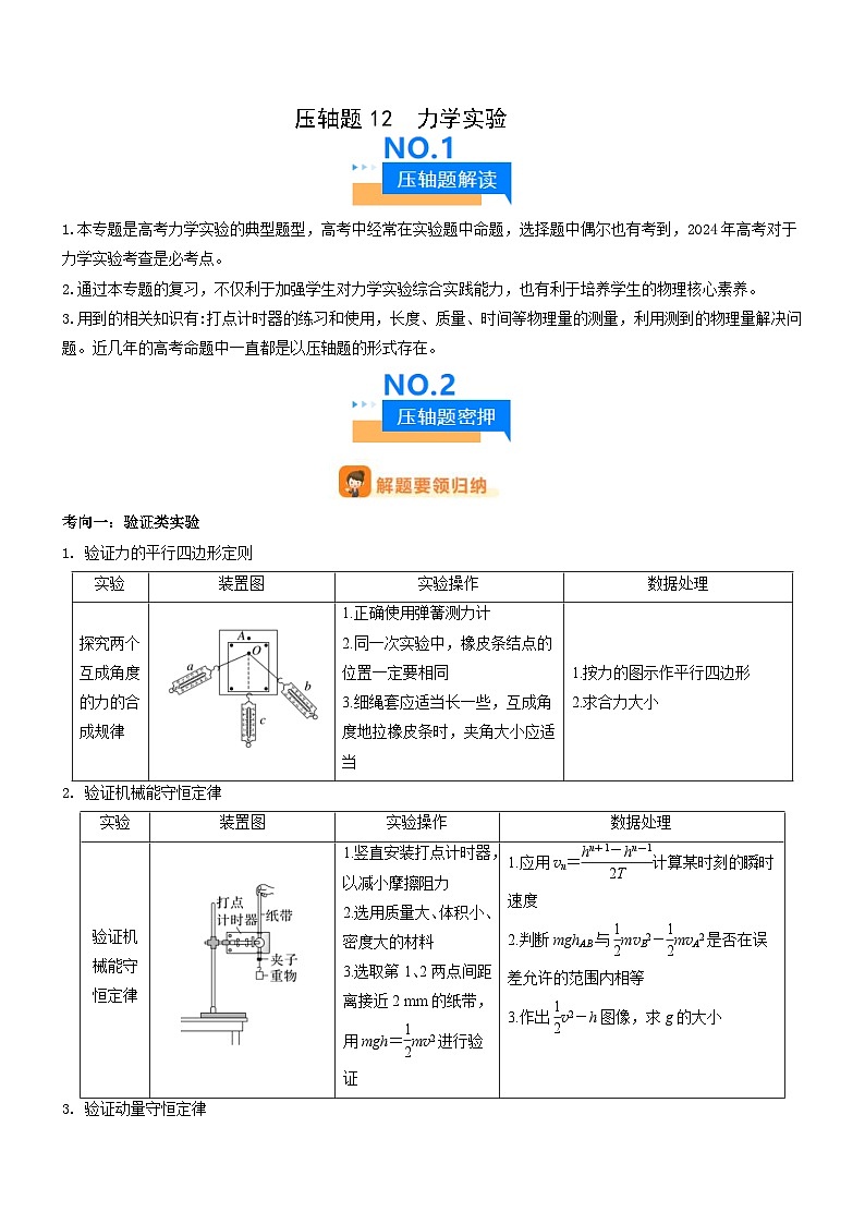 新高考物理三轮冲刺专项训练压轴题12 力学实验（2份打包，原卷版+解析版）01