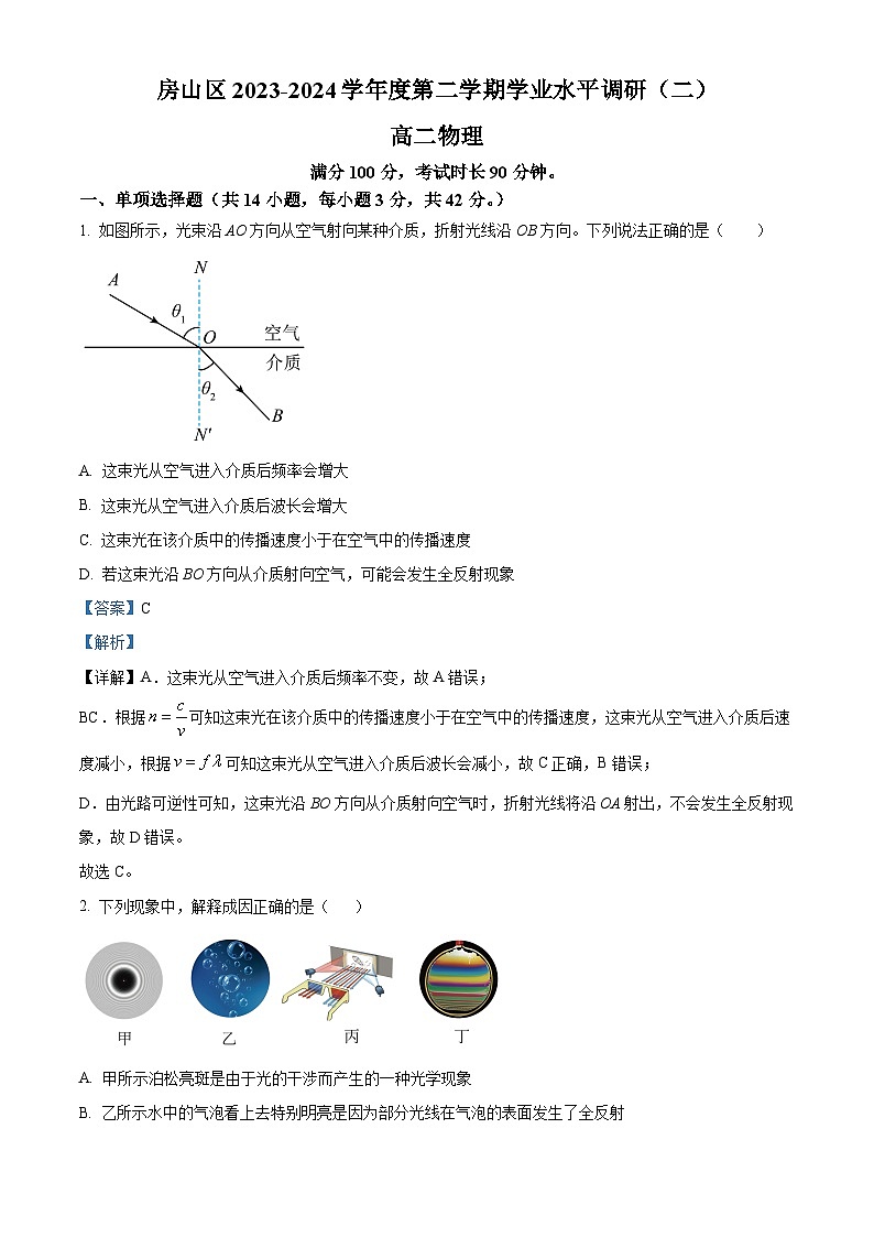 北京市房山区2023-2024学年高二下学期期末考试物理试题（Word版附解析）01