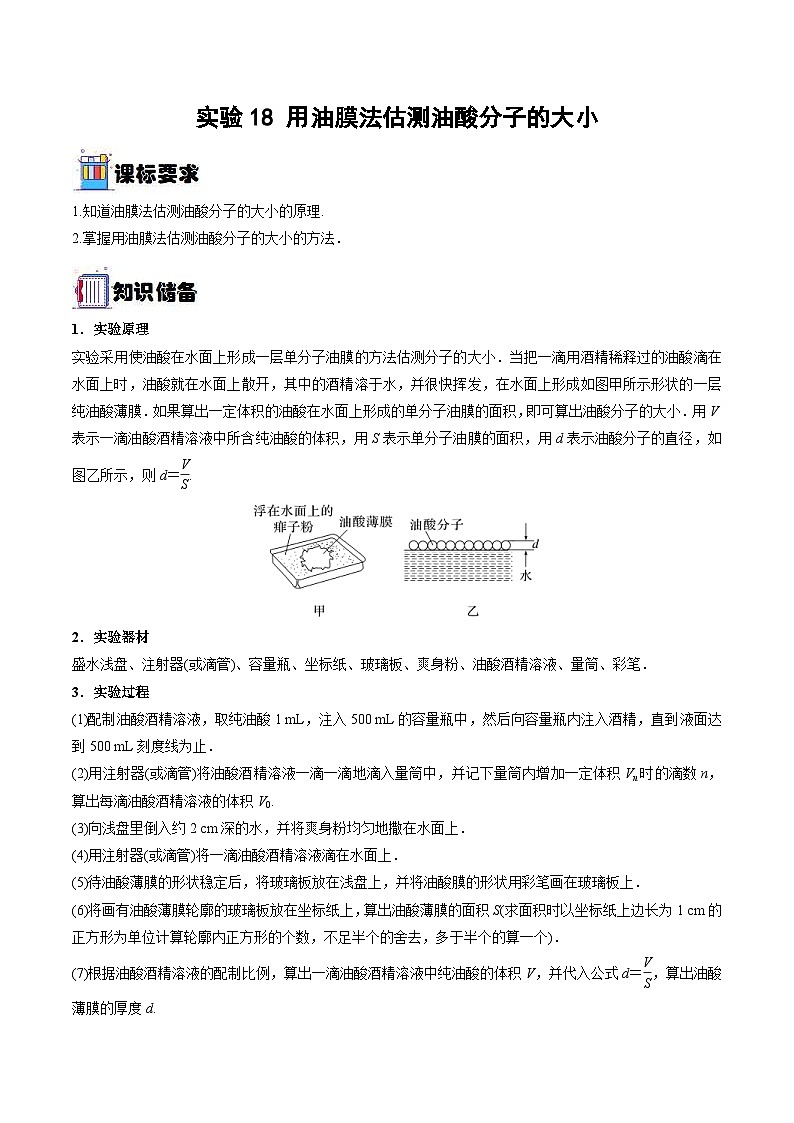 新高考物理一轮复习重难点练习实验18 用油膜法估测油酸分子的大小（原卷版）第1页