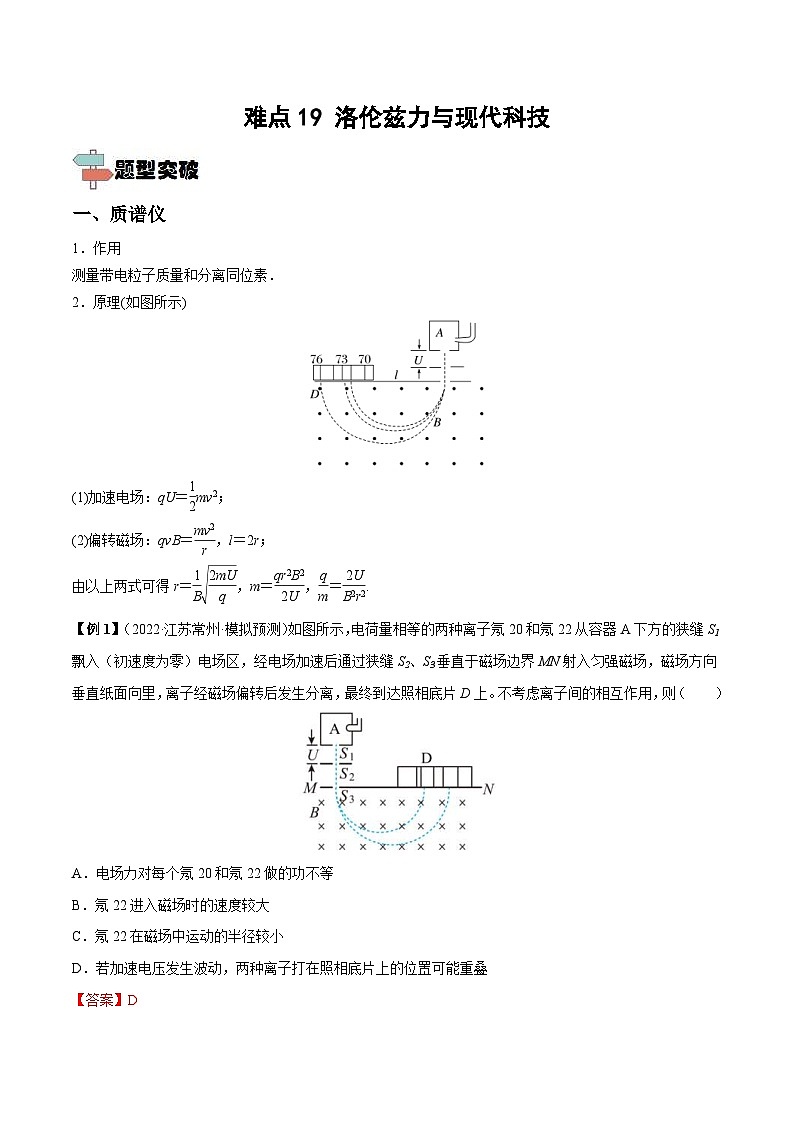 新高考物理一轮复习重难点练习难点19 洛伦兹力与现代科技（解析版）第1页
