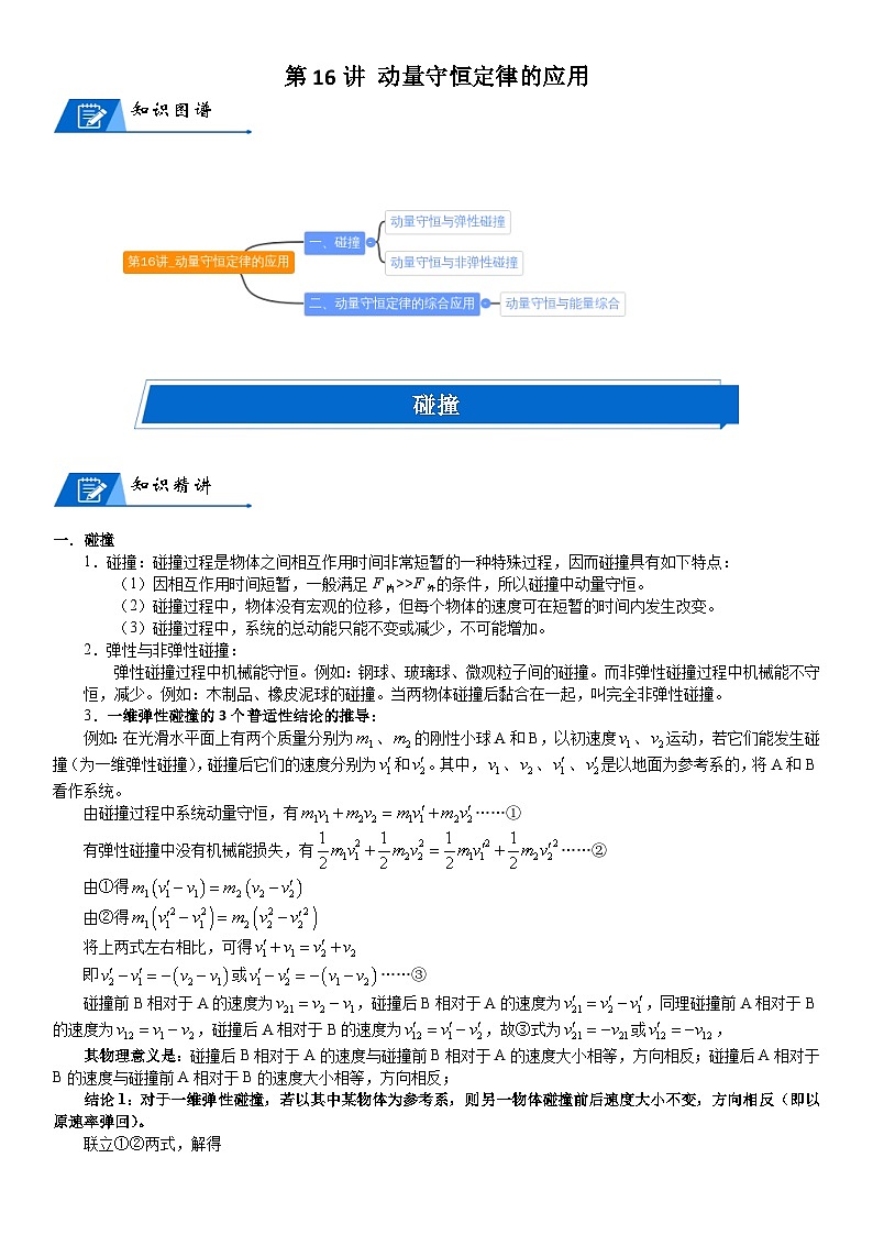 新高考物理一轮专题特训重点突破：第16讲 动量守恒定律的应用（含答案解析）01