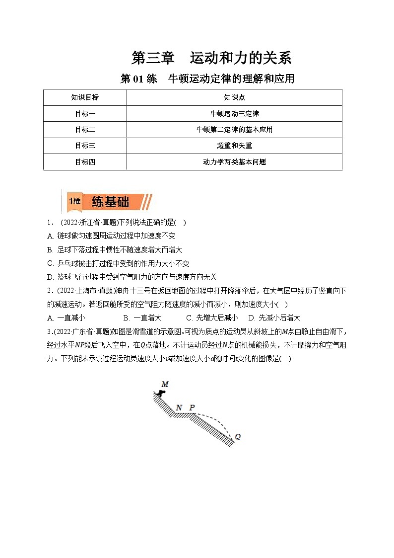 新高考物理一轮复习小题多维练习第3章运动和力的关系第01练　牛顿运动定律的理解和应用（2份打包，原卷版+解析版）01