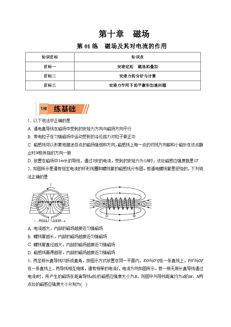新高考物理一轮复习小题多维练习第10章磁场第01练　磁场及其对电流的作用（原卷版）第1页