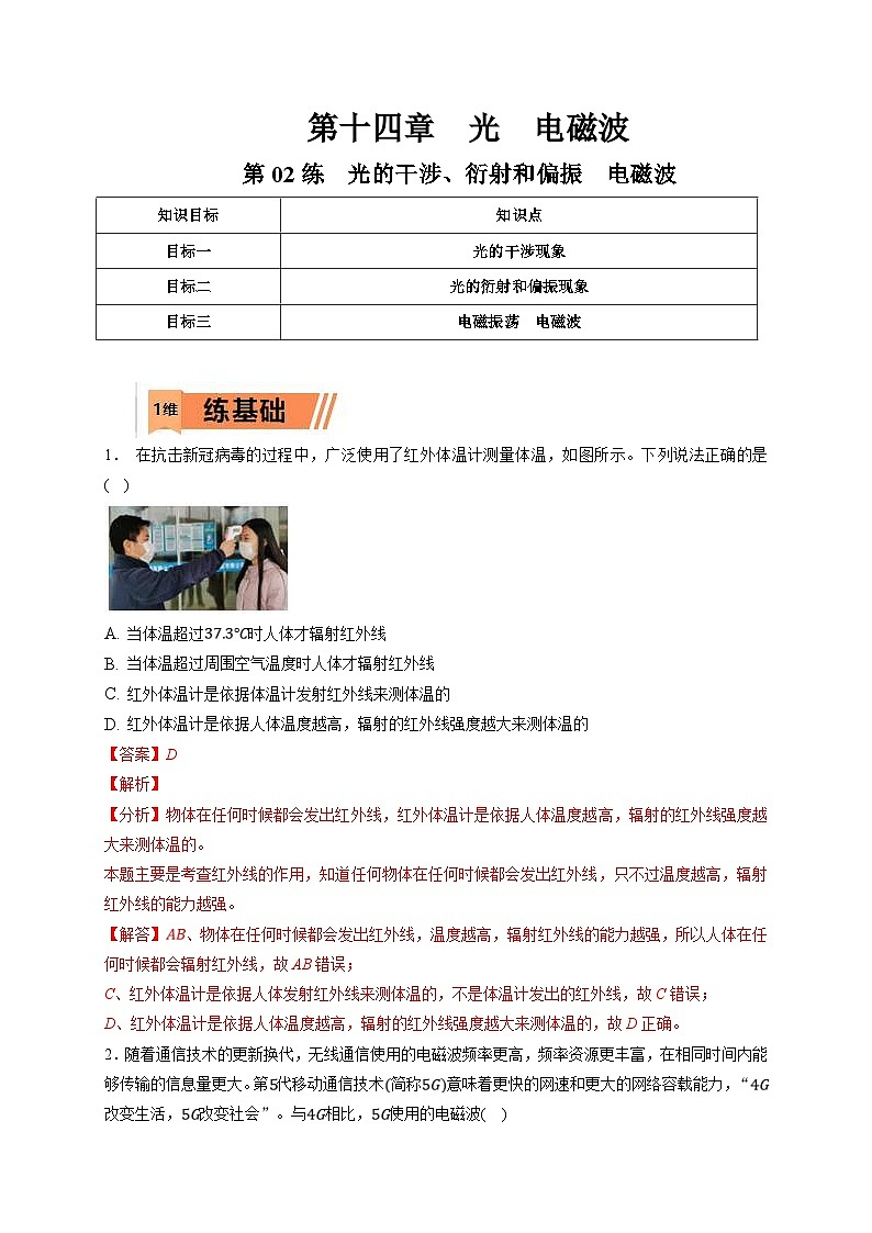 新高考物理一轮复习小题多维练习第14章光 电磁波第02练　光的干涉、衍射和偏振　电磁波（原卷版）第1页