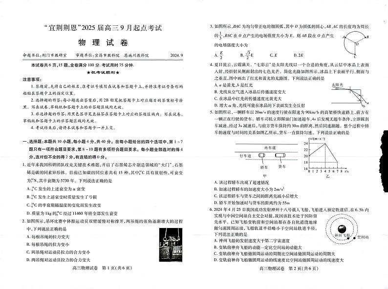 “宜荆荆恩”2025届高三9月起点考试物理试卷第1页