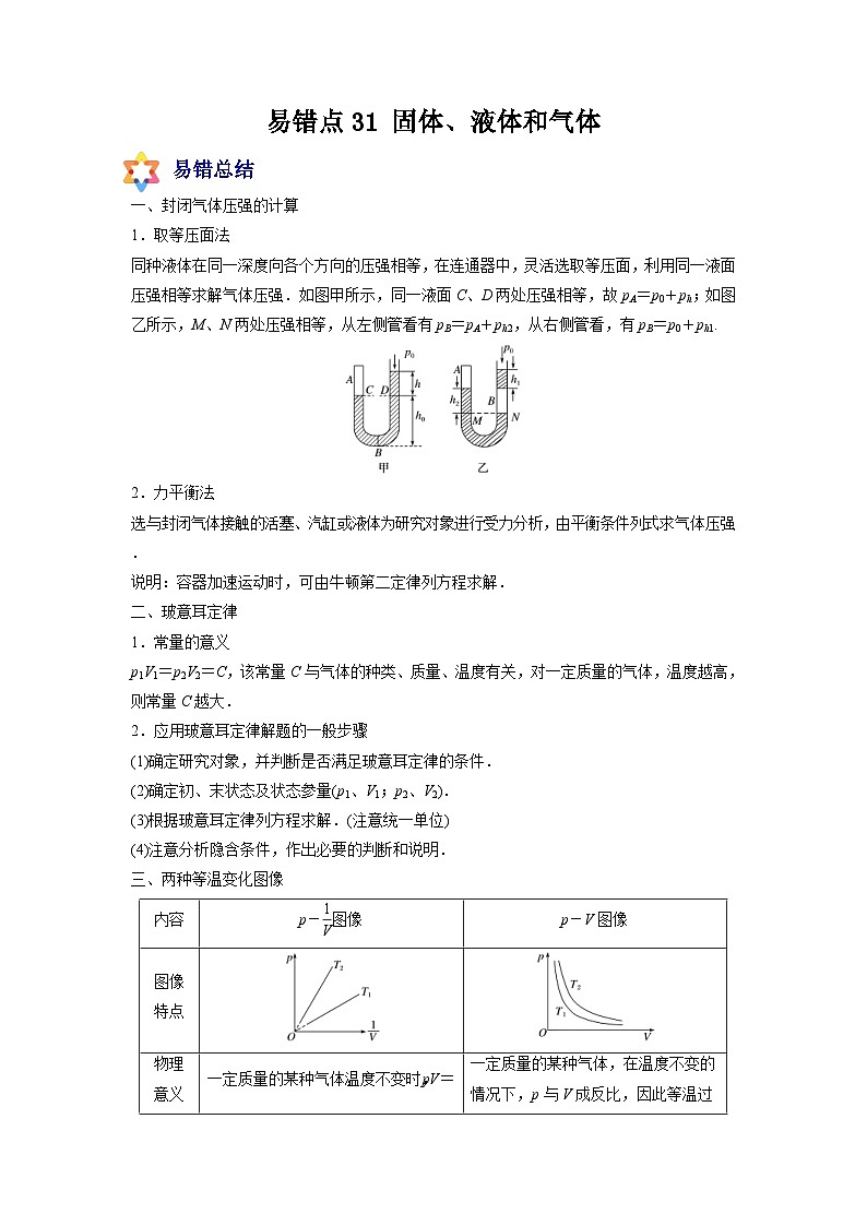 新高考物理一轮复习易错题练习—易错点31 固体、液体和气体（2份打包，原卷版+含解析）01