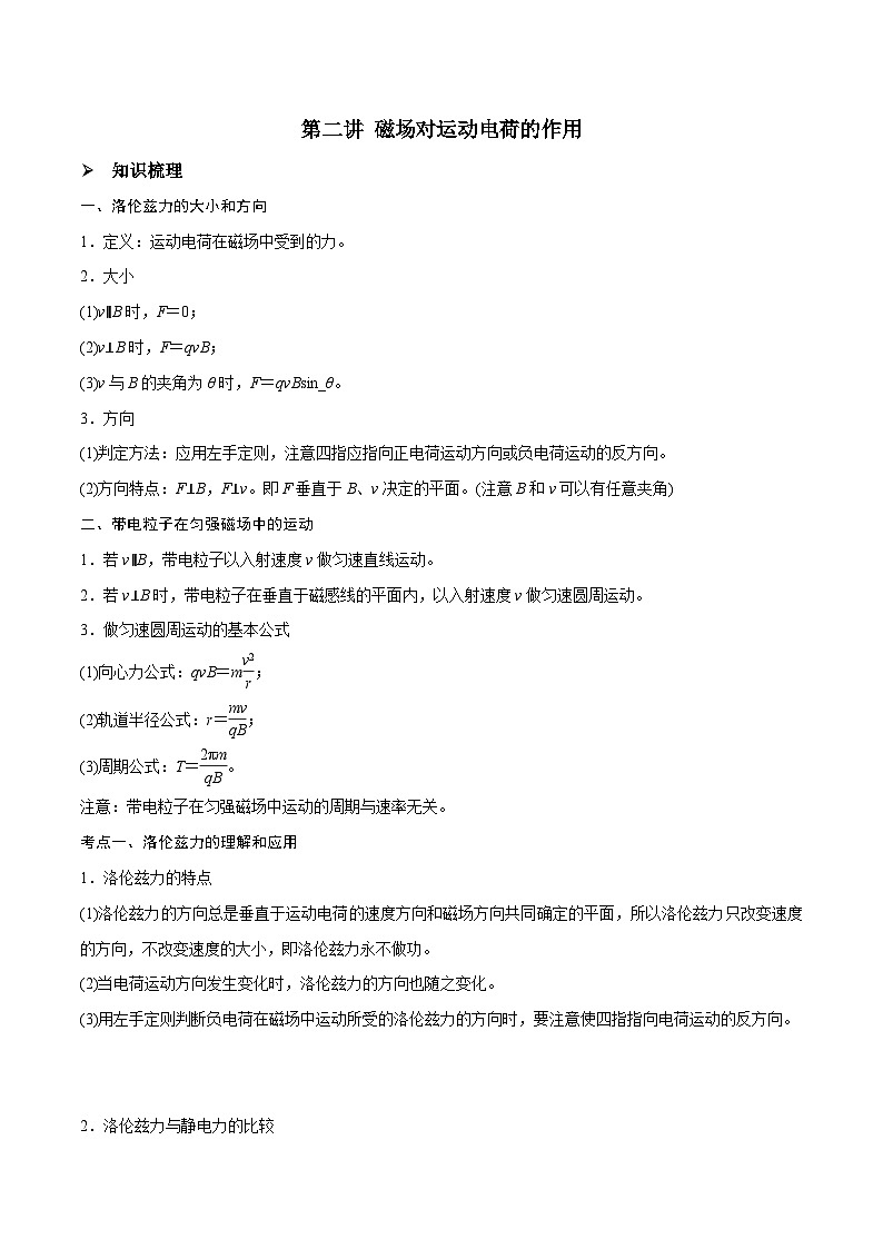 新高考物理一轮复习精讲精练第10章磁场第2讲 磁场对运动电荷的作用（2份打包，原卷版+解析版）01