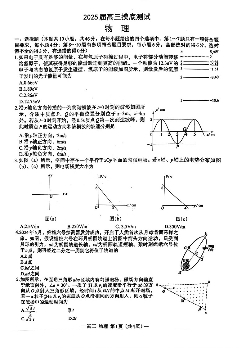 江西省南昌市2025届高三年级摸底测试（南昌零模）物理试卷+参考答案第1页