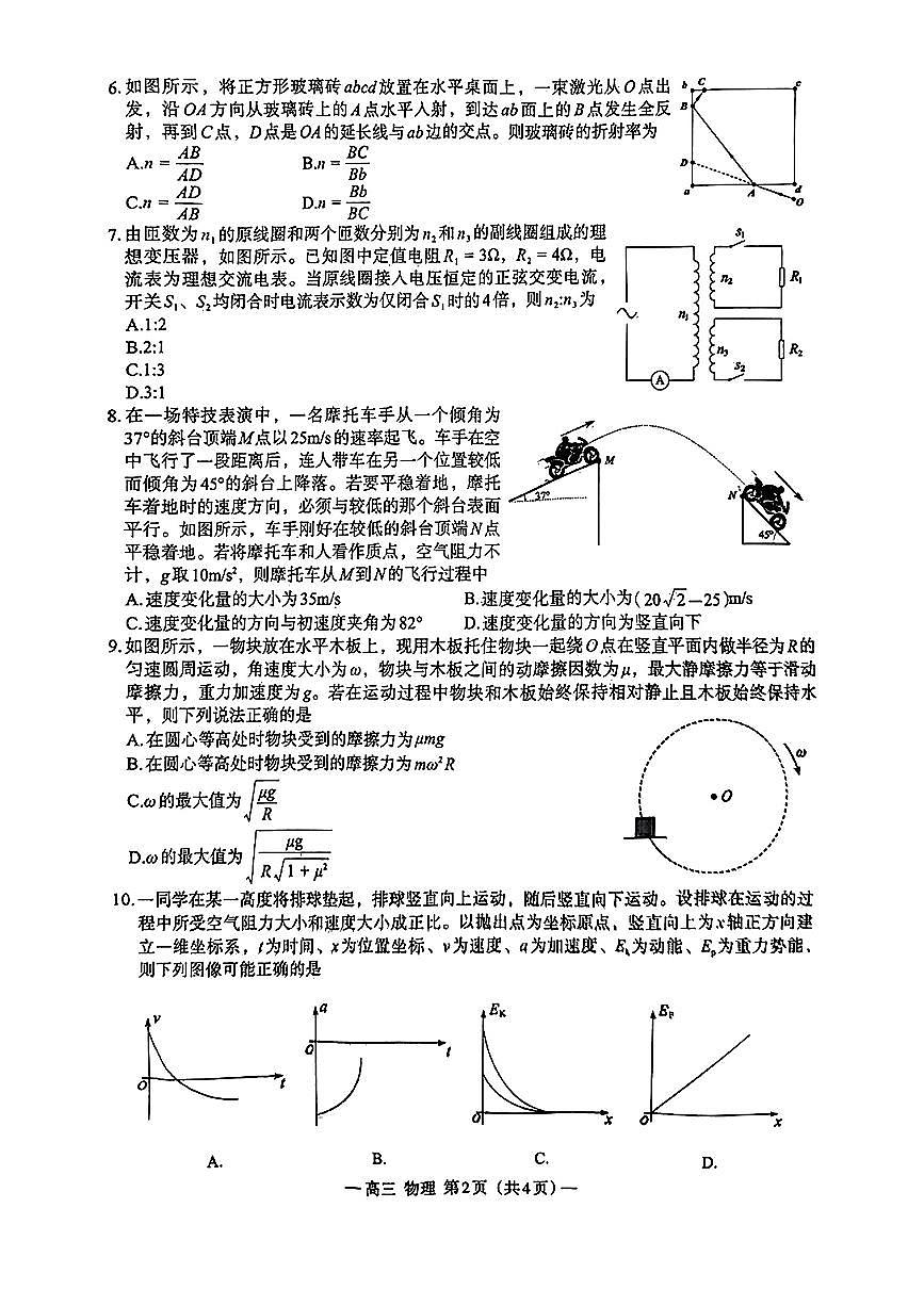 江西省南昌市2025届高三年级摸底测试（南昌零模）物理试卷+参考答案第2页