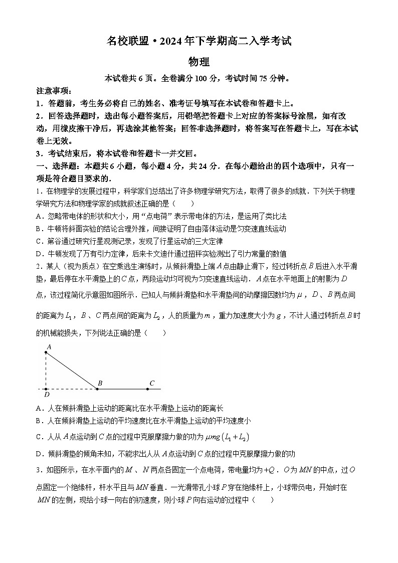 湖南省名校联盟2024-2025学年高二上学期入学考试物理试题01