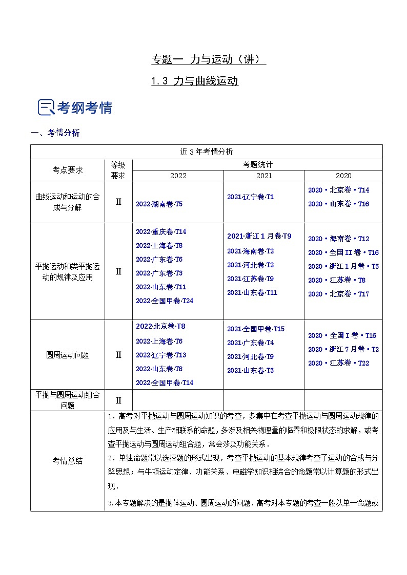 新高考物理二轮复习讲与练专题1.3 力与曲线运动（讲）（2份打包，原卷版+解析版）01