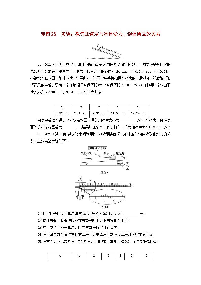 新高考物理一轮复习考点巩固练习专题23实验：探究加速度与物体受力物体质量的关系（含解析）第1页