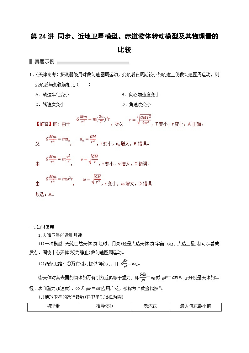 新高考物理一轮复习考点精讲精练第24讲 同步 近地卫星模型、赤道物体转动模型及其物理量的比较（解析版）第1页
