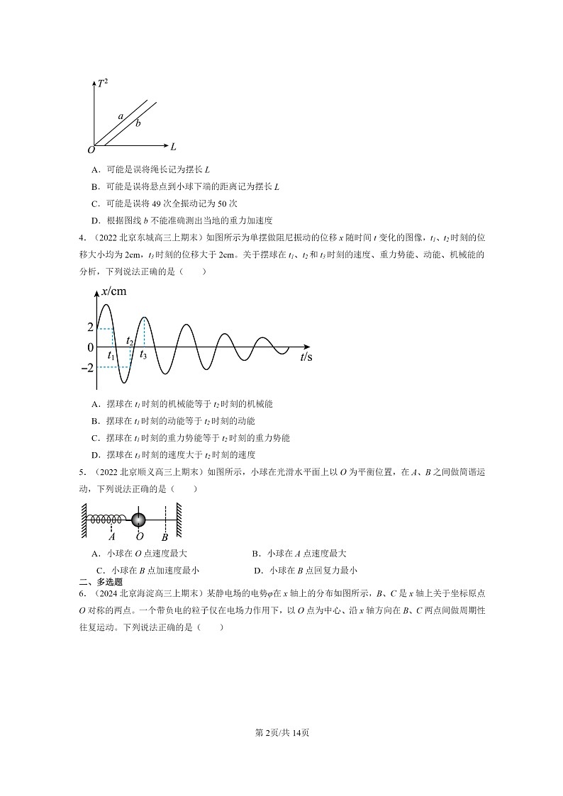 [物理]2022～2024北京重点校高三上学期期末真题分类汇编：机械振动章节综合02