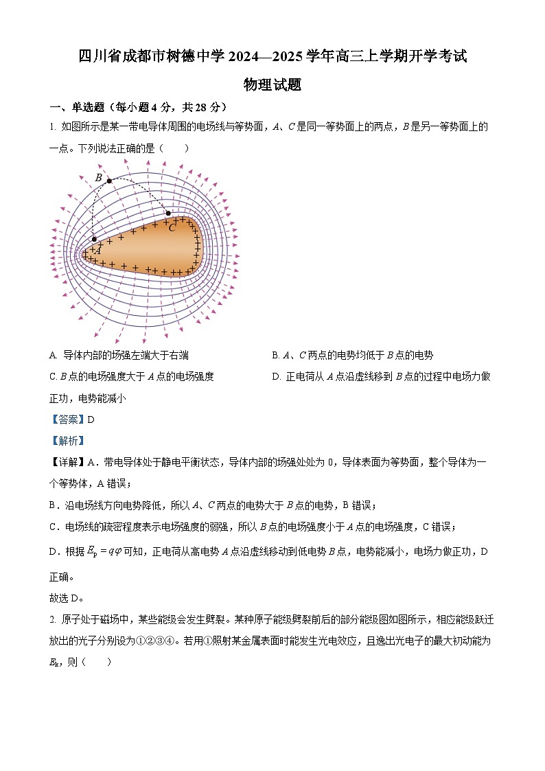 四川省成都市树德中学2024-2025学年高三上学期开学考试物理试题（解析版）第1页
